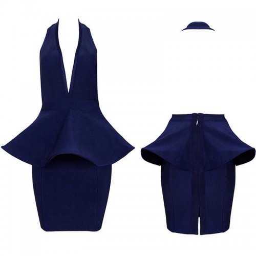 Blue Deep-V BareBack Bodycon Dress